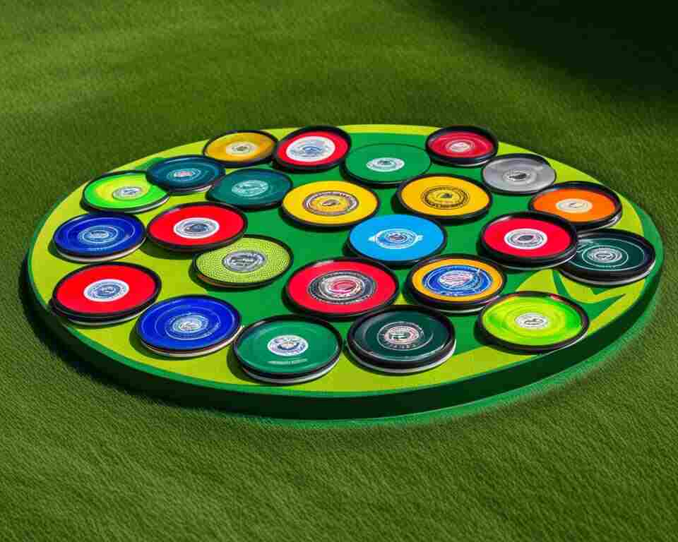 A collection of colorful disc golf discs