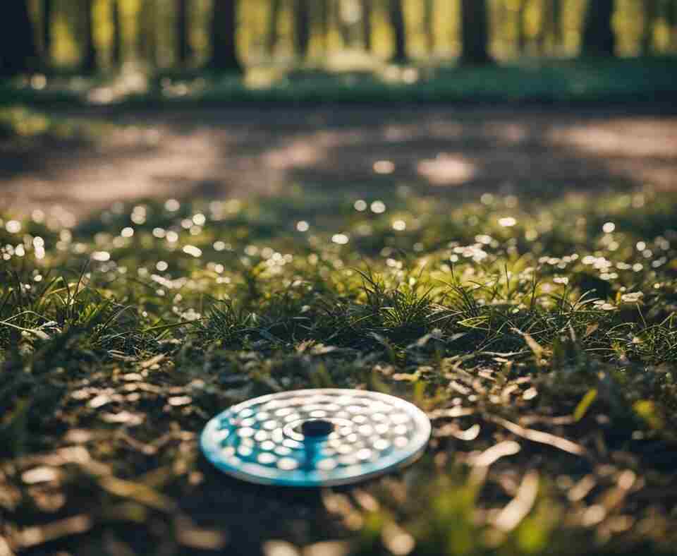 A blue disc golf disc laying on the ground on the fairway.