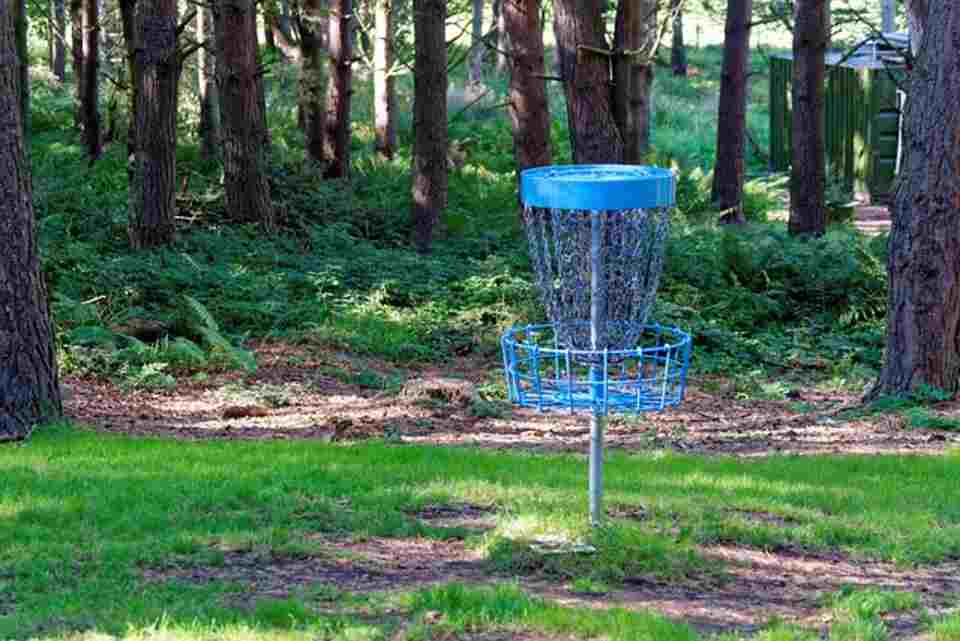 A blue disc golf basket.
