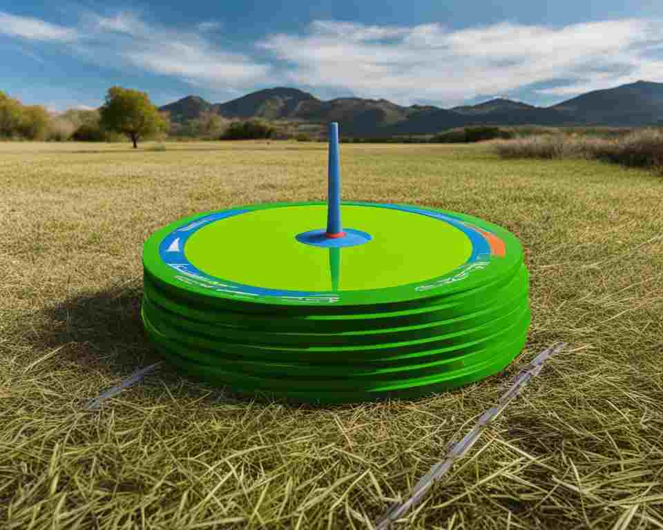 A green disc golf disc laying on the fairway.