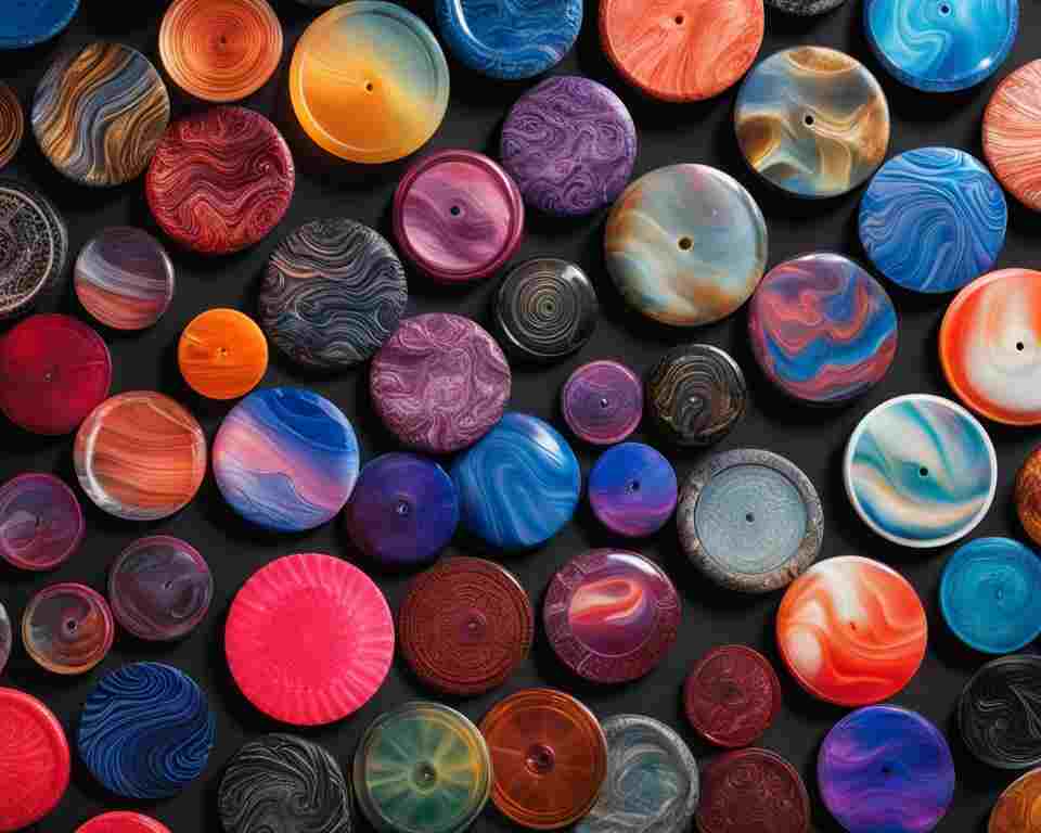 An array of disc golf discs made from different plastic types, each displaying their unique color and texture. Some have a glossy finish while others have a matte finish. One disc is made from translucent plastic, while another has a marbled effect with swirls of contrasting colors. The discs are arranged in a circular pattern, with drivers on the outermost edge, mid-ranges in the middle, and putters closest to the center.