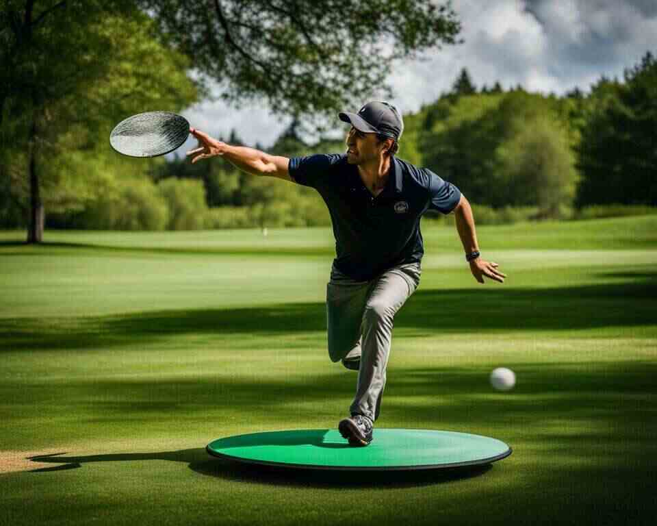 A disc golfer putting.