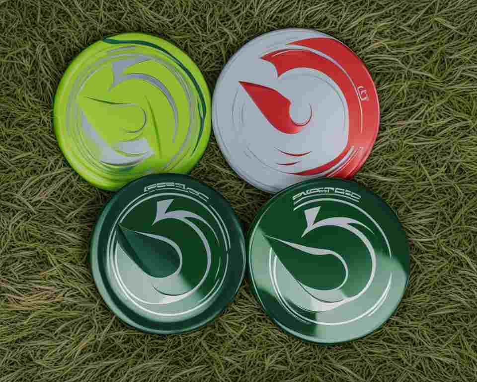 A photo of four multicolored golf discs laying on the grass