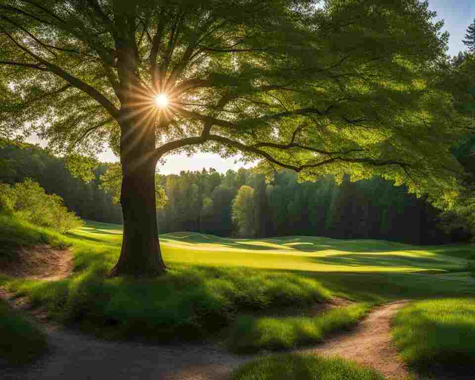 A panoramic view of a sprawling disc golf course nestled within a lush forest. The fairways wind through towering trees and over babbling brooks, providing an array of challenging shots for players of all skill levels.
