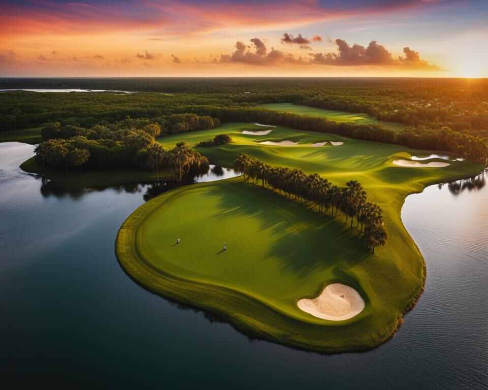 A birds-eye view of a picturesque disc golf course surrounded by lush greenery and palm trees in Florida.
