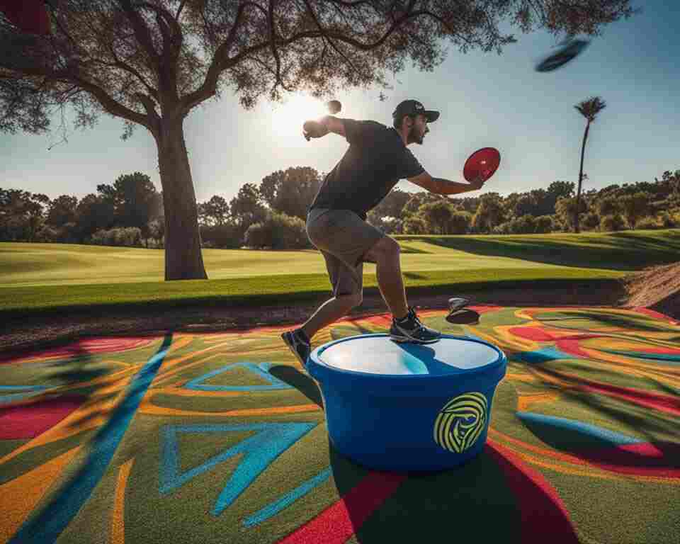 A disc golf player throwing a disc towards a basket with logos of various disc golf equipment brands in the background, as if at a tournament sponsored by these brands.