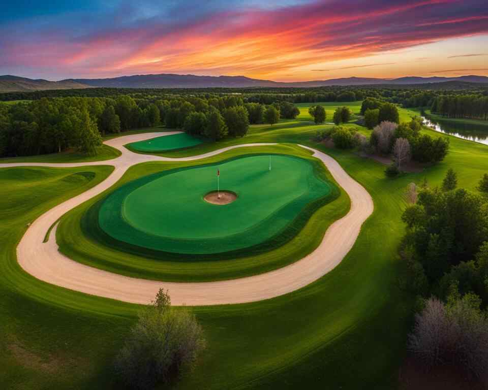 A panoramic view of Wondervu Disc Golf Course in the golden hour with vibrant colors of the sunset in the background, showcasing the lush green fairways and challenging baskets.