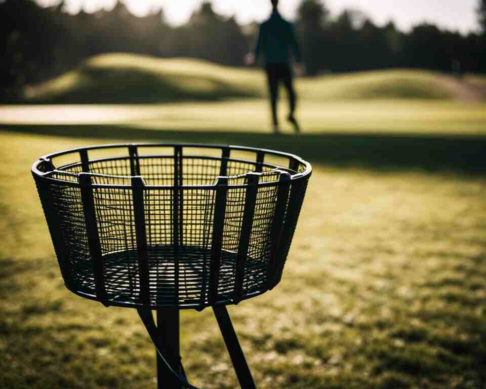 A person putting a disc golf disc at a basket on a course.