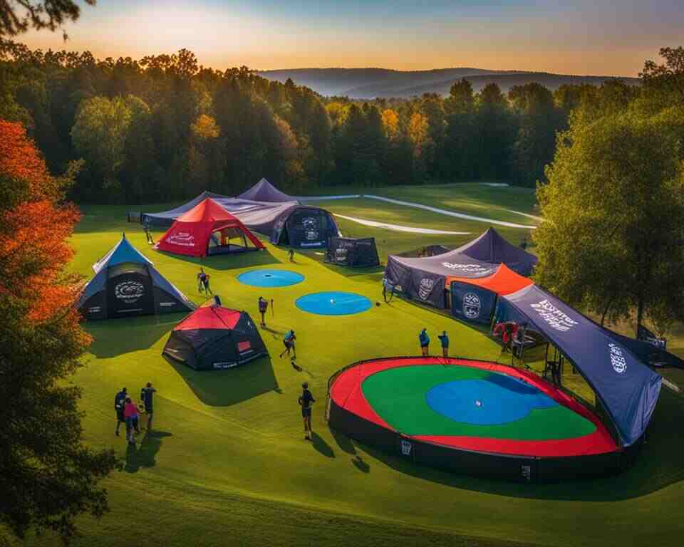 A bird's eye view of a vibrant and colorful disc golf course with multiple players in action, set against a backdrop of stunning natural scenery. 