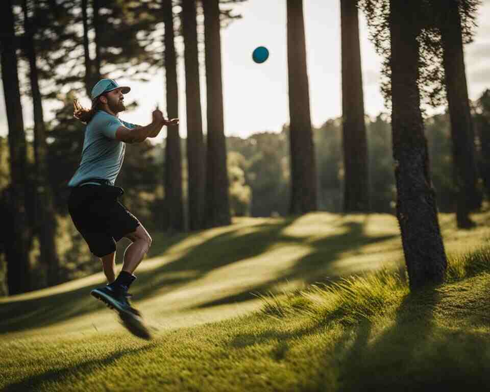 A disc golf player throwing a roller shot, as they pivot on one foot and extend their arm towards the ground.