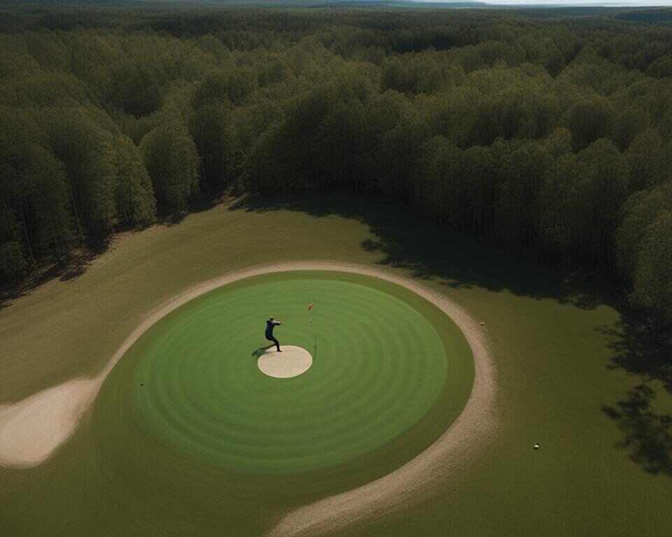 An aerial view of a disc golf course with a player throwing a roller shot.