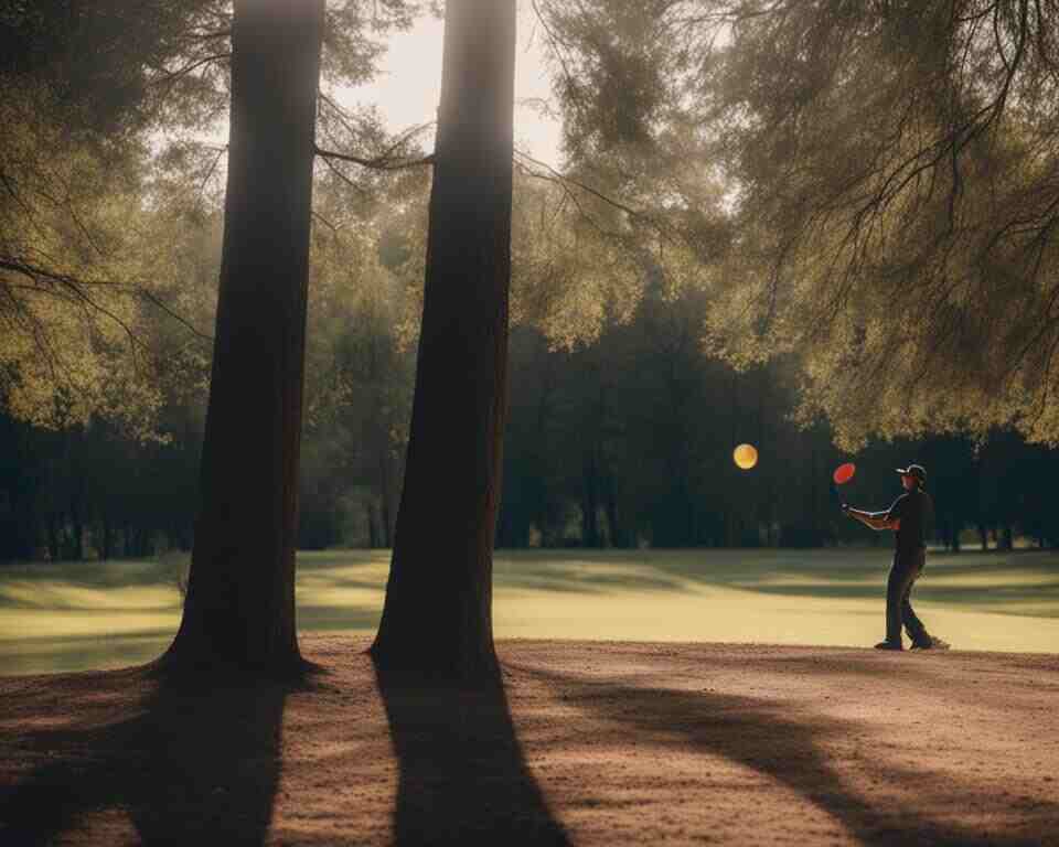 An image of a disc golfer throwing their disc around a tree that has been designated as a mando, with the disc clearly violating the designated path.