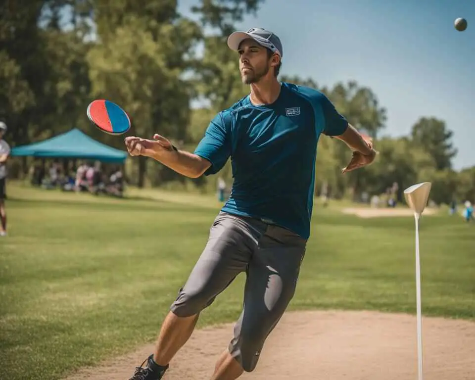 A disc golf player preparing to throw a forehand shot, with focus on the proper grip and release technique.