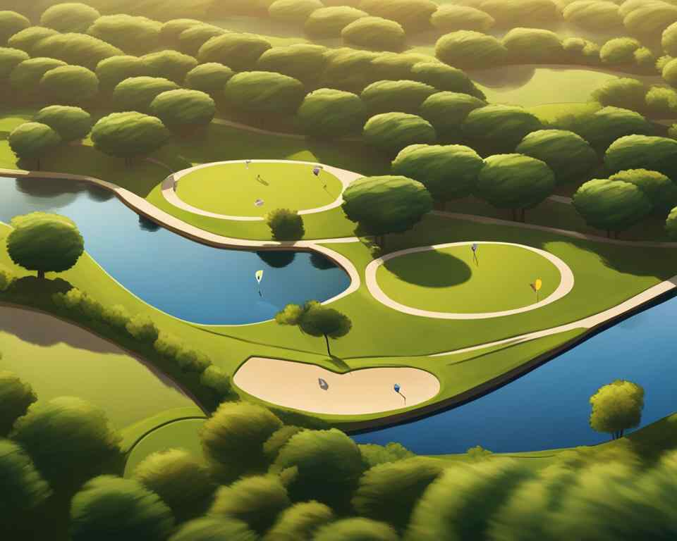 an aerial view illustration of a disc golf course in Texas with rolling hills, tall trees, and well-manicured fairways.
