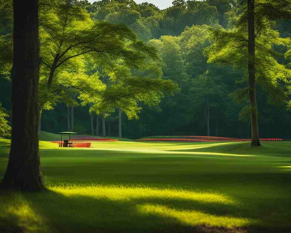 A view of a disc golf course set in the midst of lush green trees