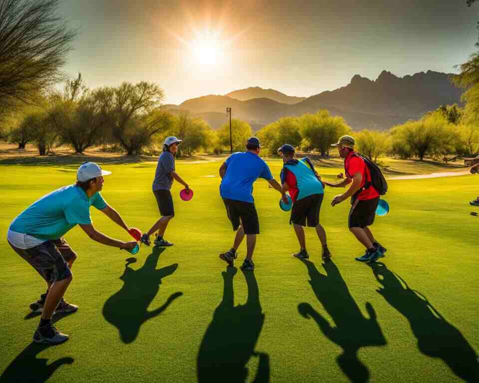A group of disc golfers playing on a sunny day in Phoenix.