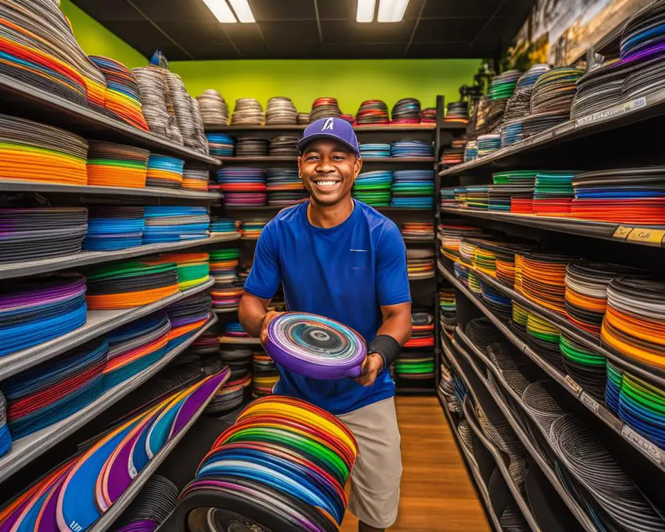 A man surrounded by colorful disc golf equipment in a vibrant Phoenix shop.