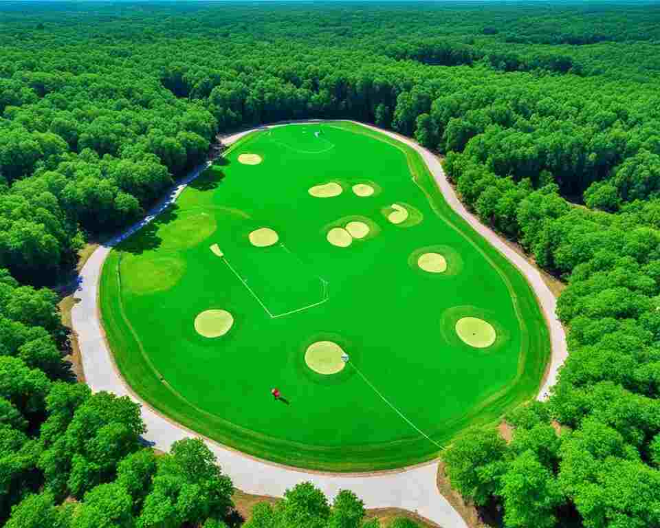 Show a bird's-eye view of a disc golf course in Springdale, Arkansas, with vibrant green fairways winding through the forested terrain.