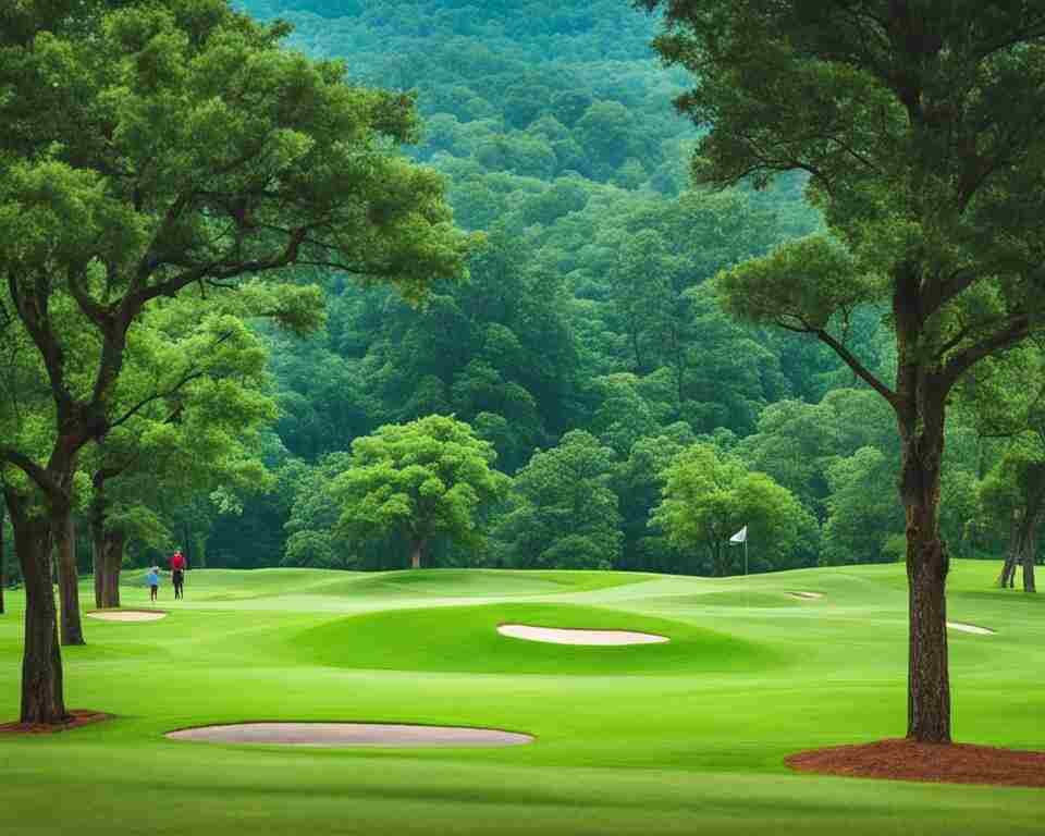 A lush greenery and rolling hills of an Alabama disc golf course,