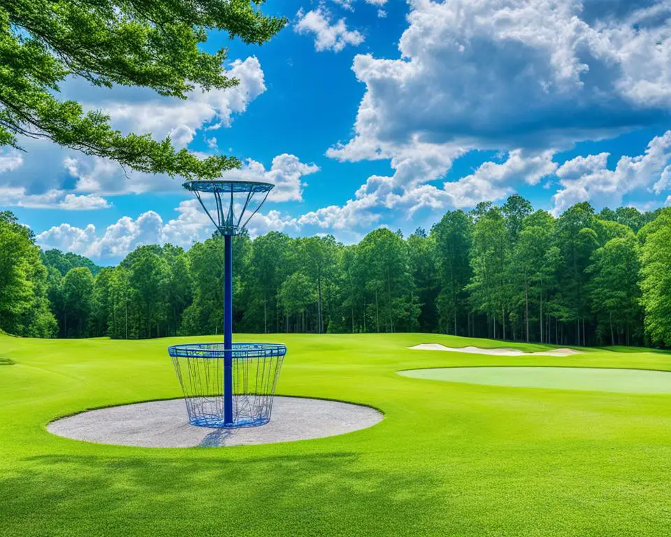 A view of a disc golf putting green and basket.