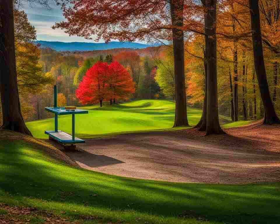 A view of a disc golf course in Tennessee in autumn.