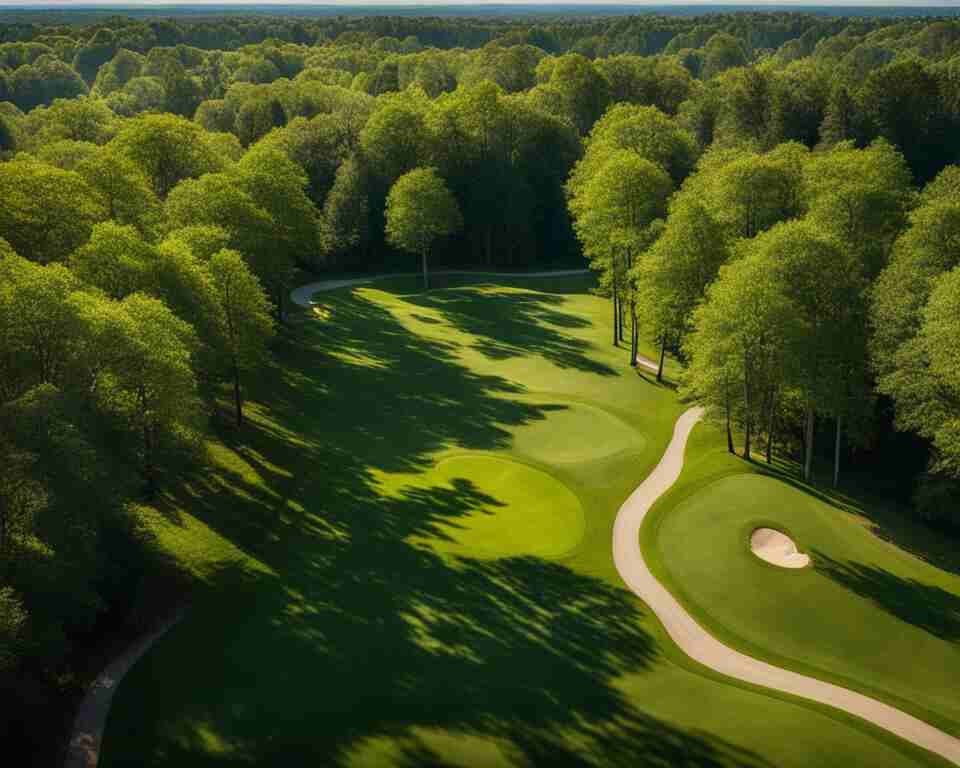 A bird's eye view of a disc golf course in Missouri winding through a lush forest with multiple tee pads and baskets visible.