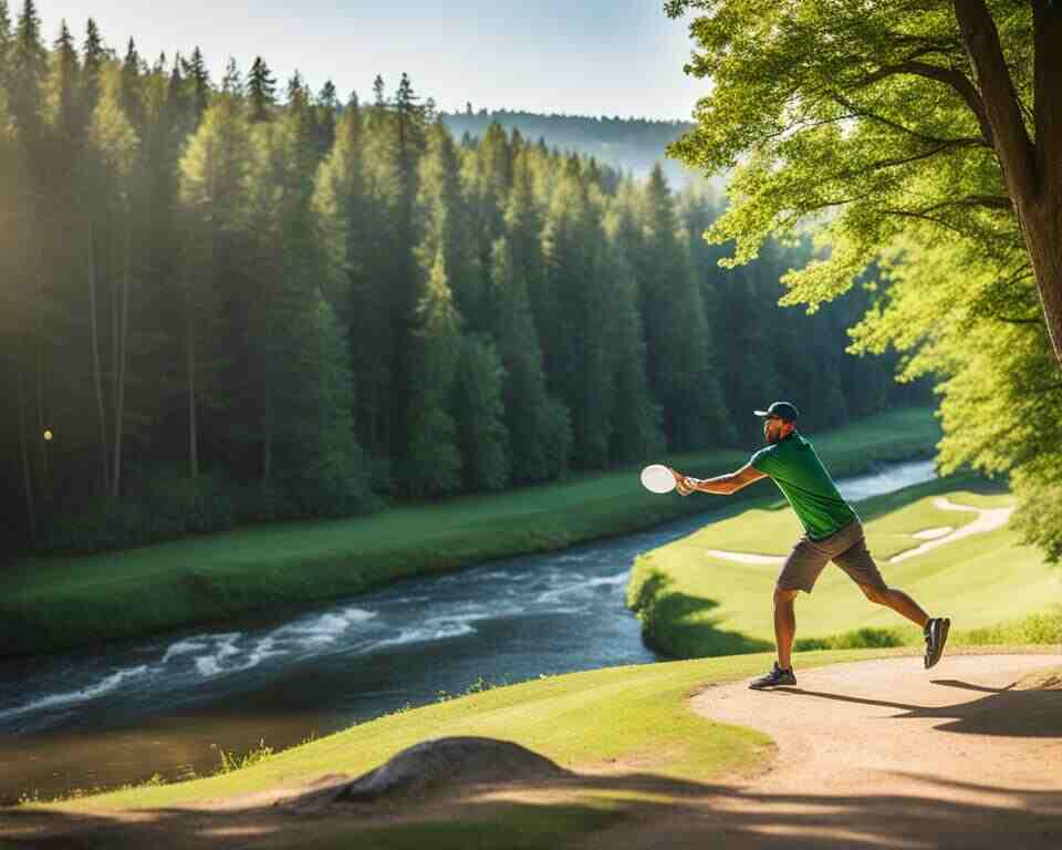 A disc golfer mid-throw, with a lush green forest in the background and a scenic river winding through the course.