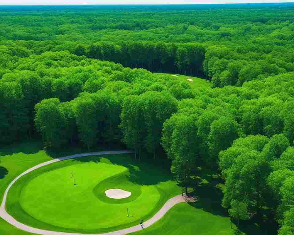 A bird's eye view of a disc golf course in Minnesota.