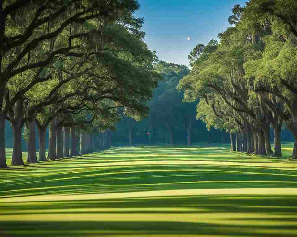 A serene, tree-lined fairway with a disc in mid-air heading towards the basket.