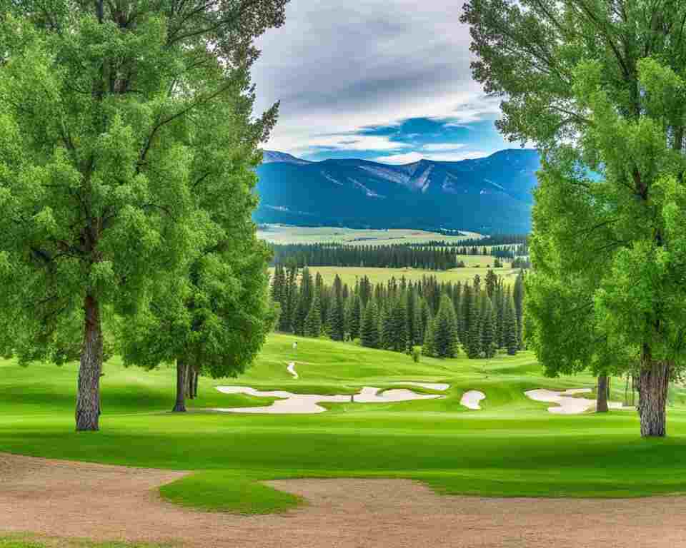 A panoramic view of a disc golf course in Montana, with lush green trees and rolling hills in the backdrop.