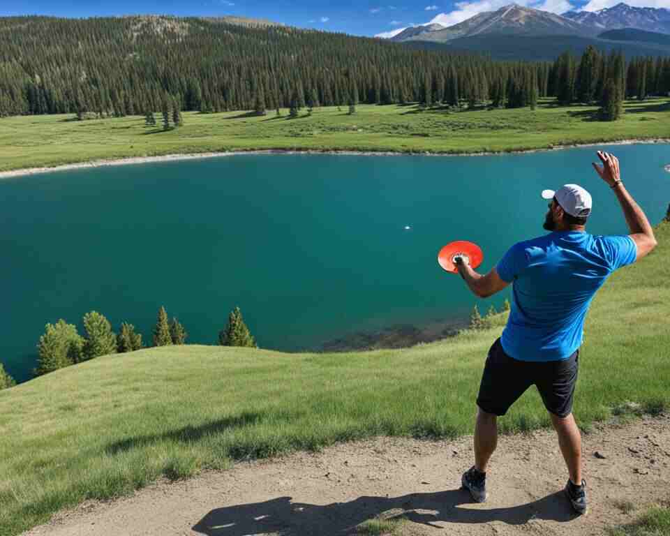 A person playing disc golf on a course in Montana.