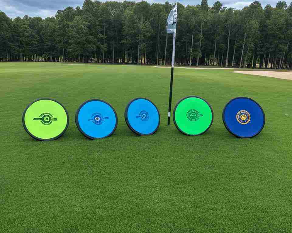 A view of a disc golf course with discs on the grass.