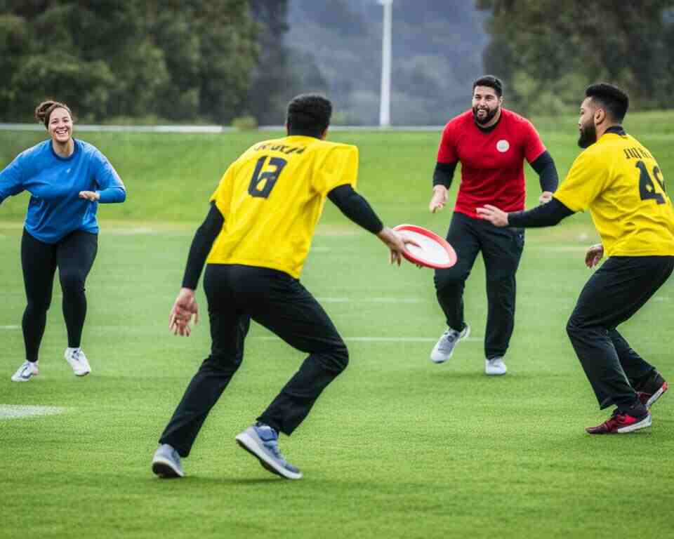A group of friends playing Ultimate Frisbee.