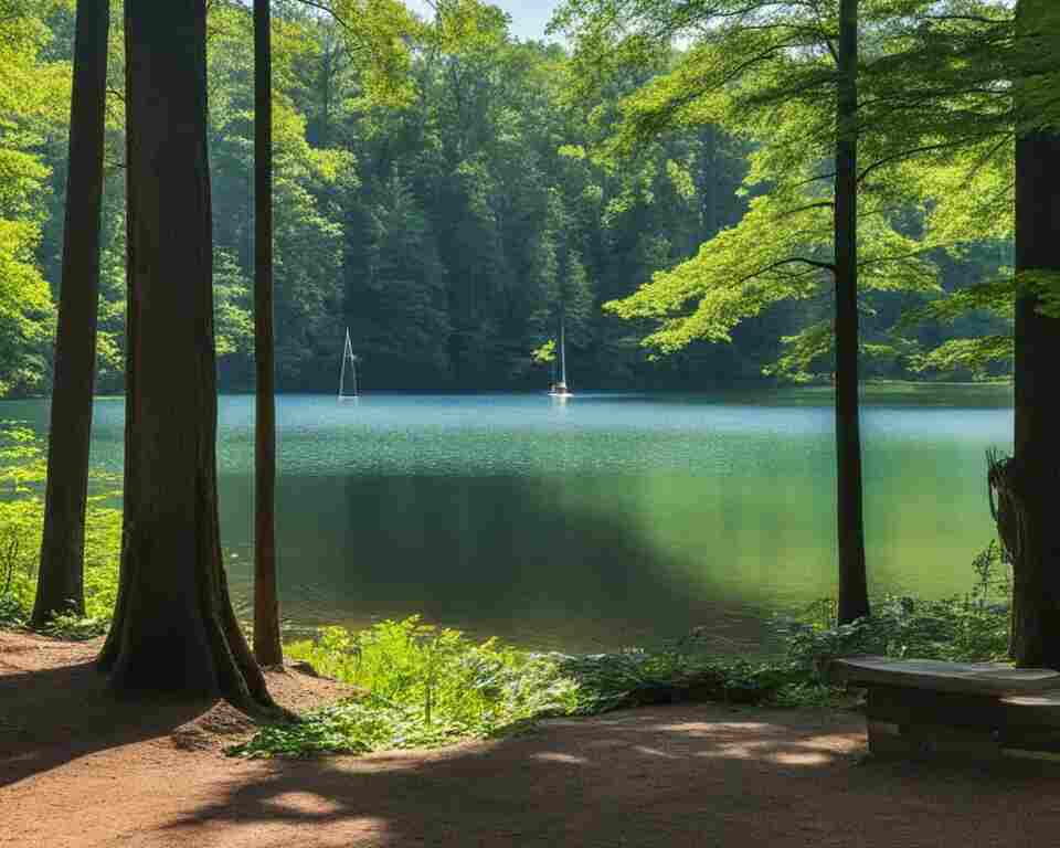 A serene view of Lake Claiborne's pristine waters, surrounded by tall trees with vibrant green leaves. In the distance, the Whitetail disc golf course.