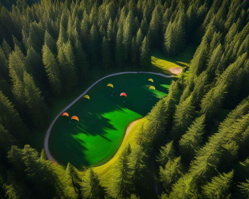 An aerial view of a disc golf course nestled in the lush green forests of Oregon, with brightly colored discs flying through the air towards baskets positioned on elevated and challenging terrain.