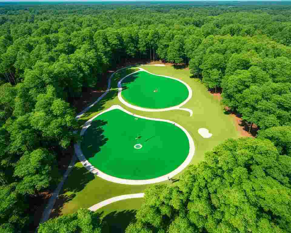 An aerial view of the putting greens. 