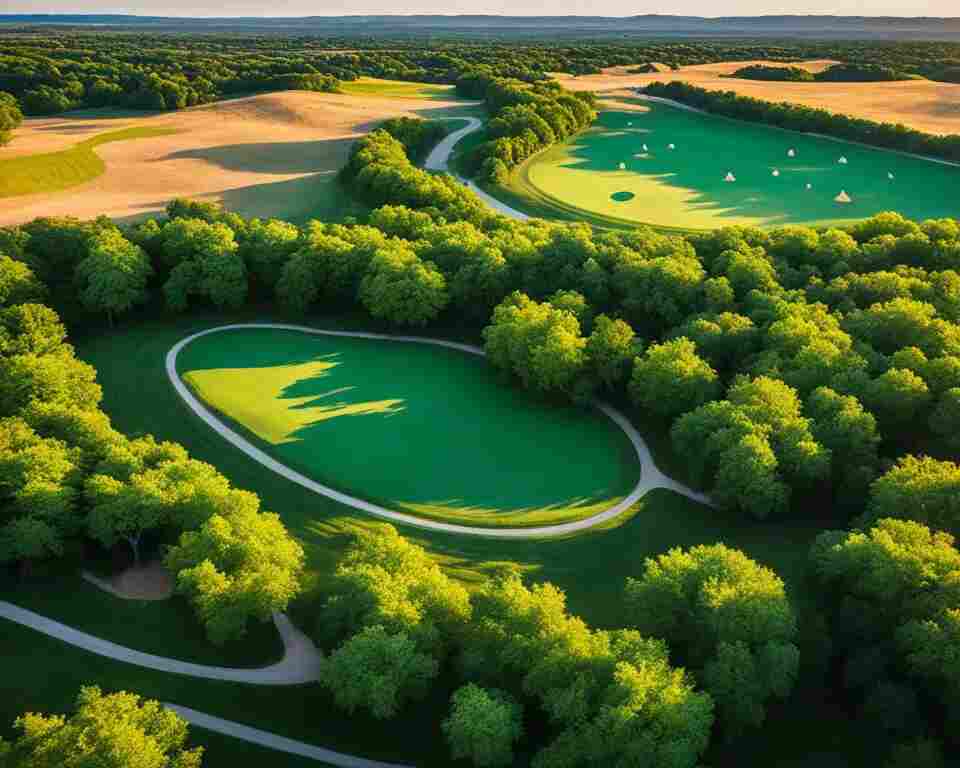 An aerial view of a disc golf course in Kansas.