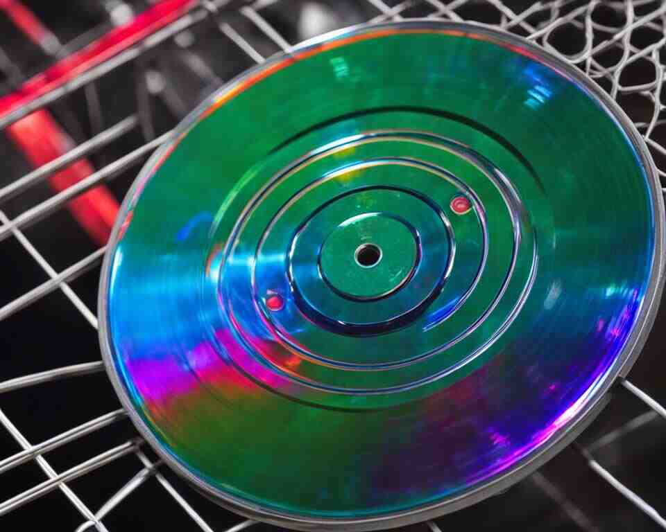 A close-up view of a glossy disc golf disc with vibrant colors reflecting in the light. The disc is sitting on a wire rack, surrounded by steam coming from a dishwasher.