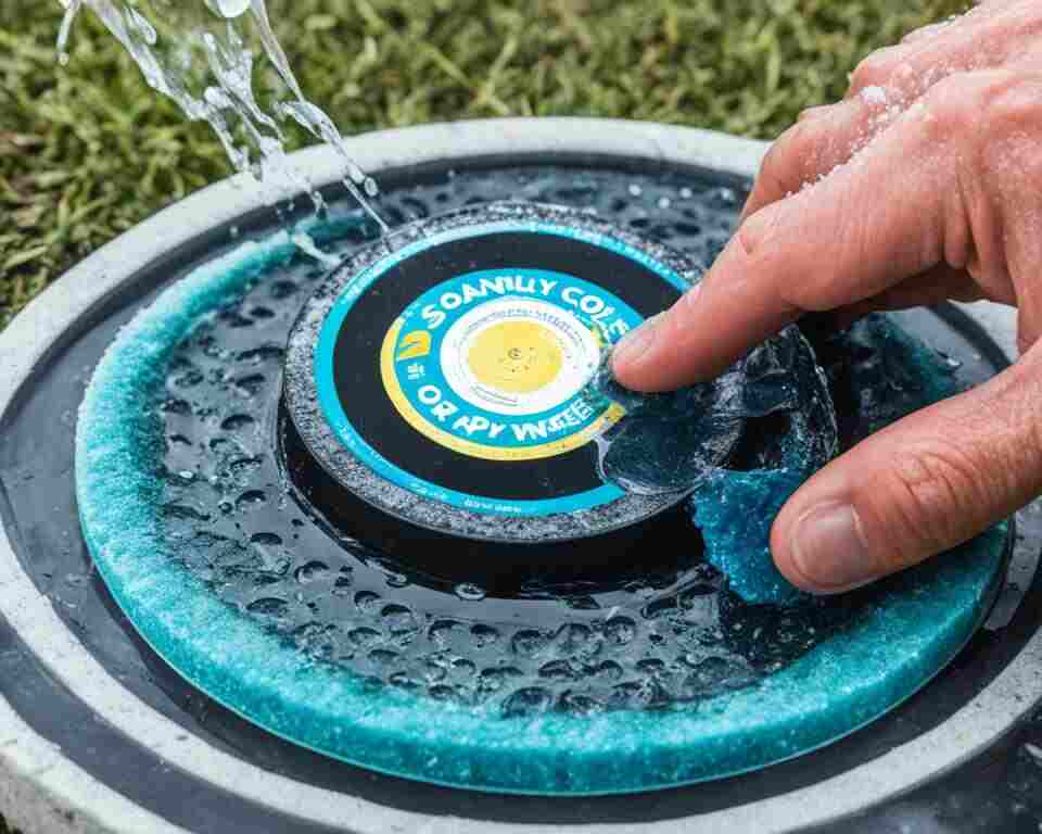 A person gently scrubs a disc golf disc with soapy water.