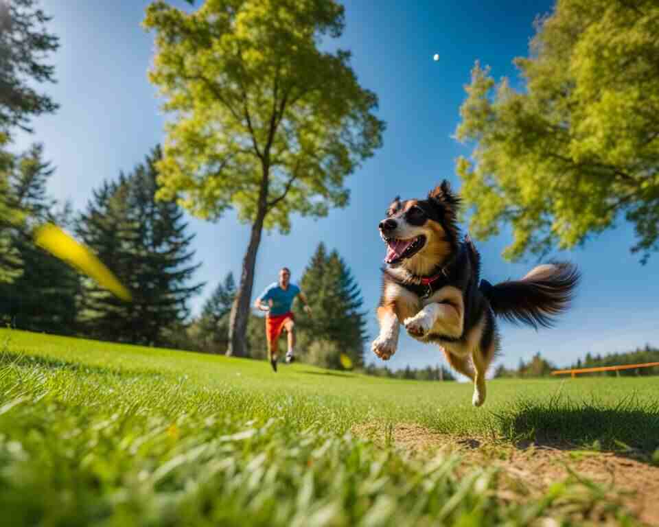 An energetic dog running alongside its owner on a spacious green field with disc golf baskets in the background.