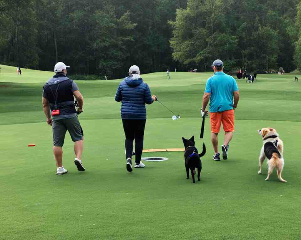 A group of people playing disc golf with their dogs peacefully following along and obeying the rules of the course.