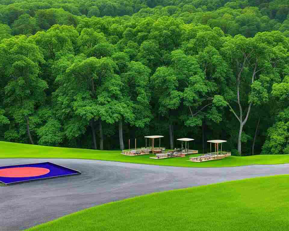 A disc golf course with a mix of open fields and wooded areas, surrounded by lush green trees and rolling hills.