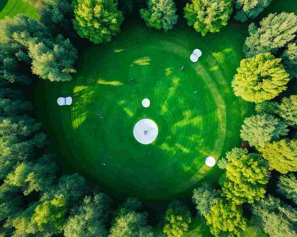 An aerial view of disc golf putting green,
