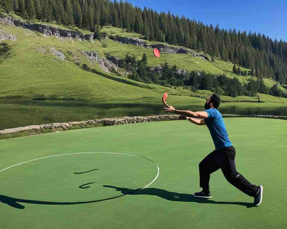An image of a person throwing a disc towards a basket on a scenic course surrounded by the beautiful natural landscape.