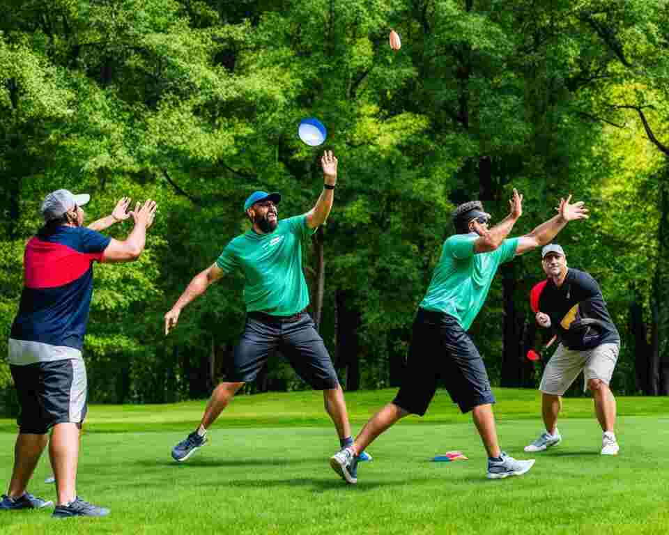 A group of friends playing disc golf.