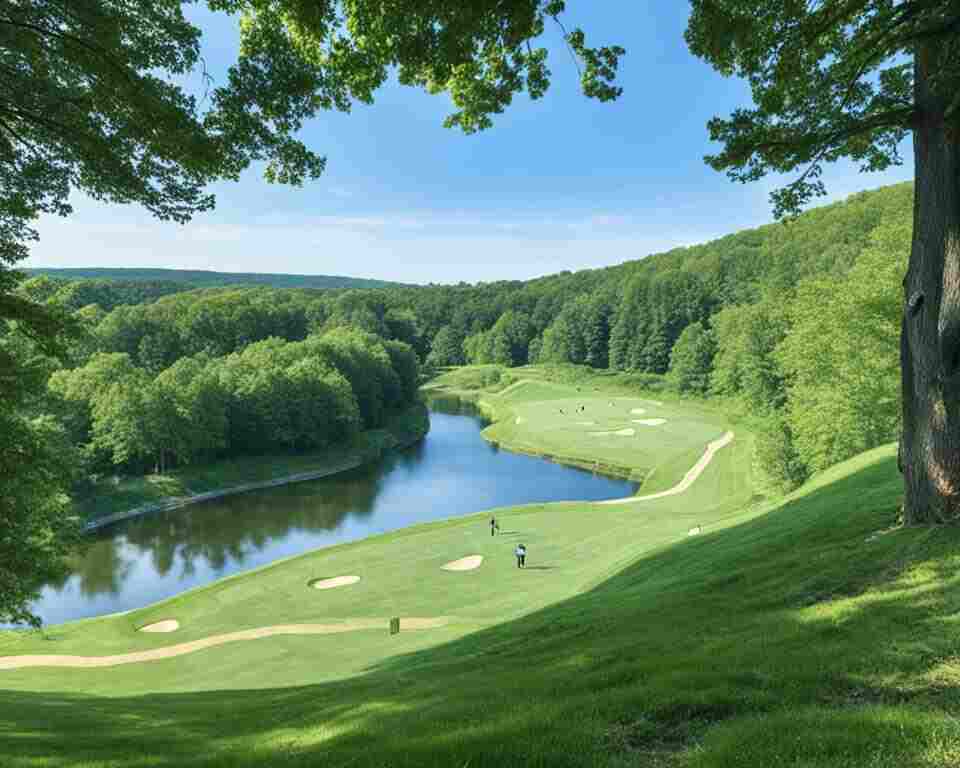 A serene disc golf course nestled amongst rolling hills, trees, and a tranquil stream in Pennsylvania.
