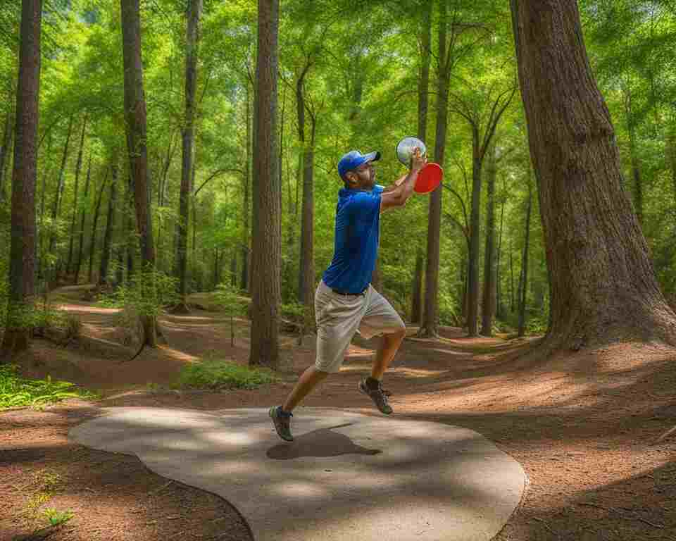 A person teeing off at a South Carolina disc golf course.