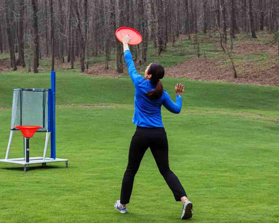 A woman close to a disc golf basket, practicing her putting.