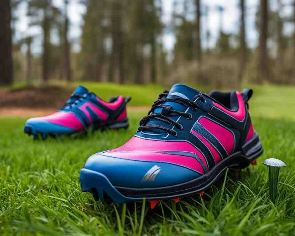 A pair of disc golf shoes with spikes on the sole, resting on a grassy field.