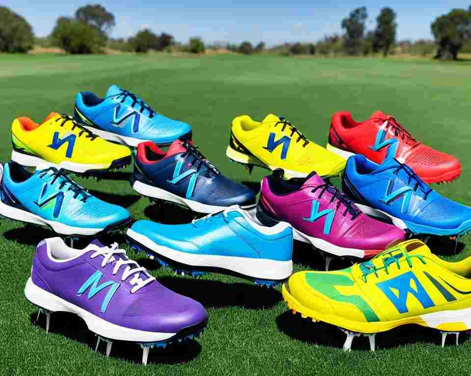 A colorful array of disc golf shoes, each with their own unique design and technology, displayed on a grassy field with a basket in the distance. 